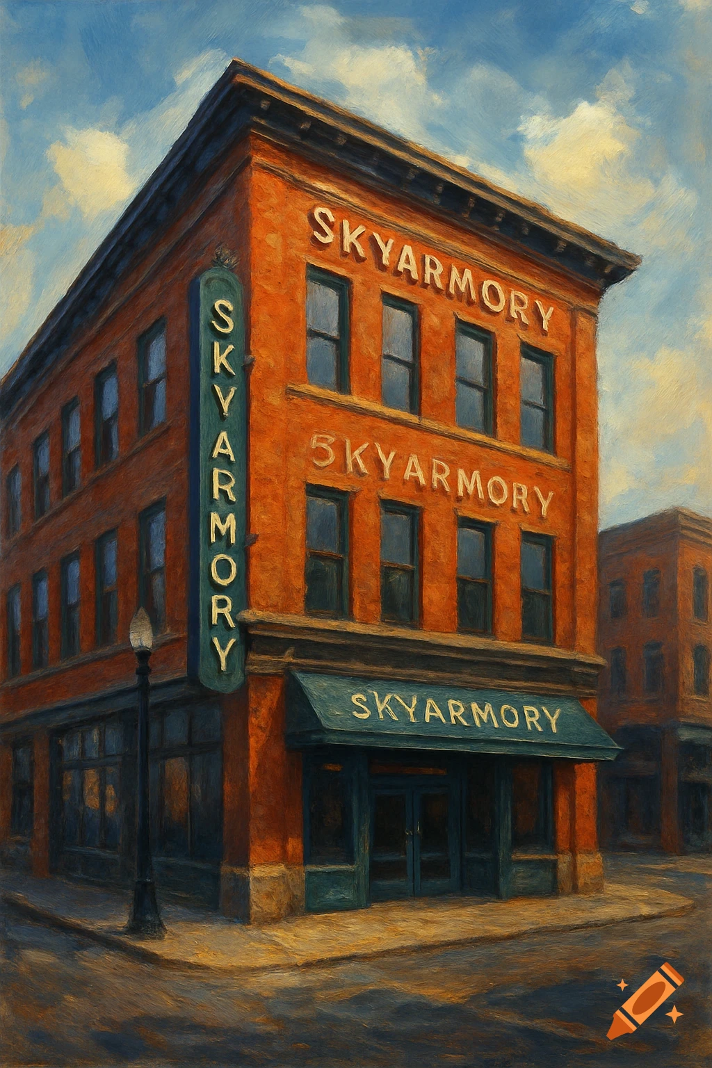 Oil painting of a red brick building on a corner with signs reading SKYARMORY.