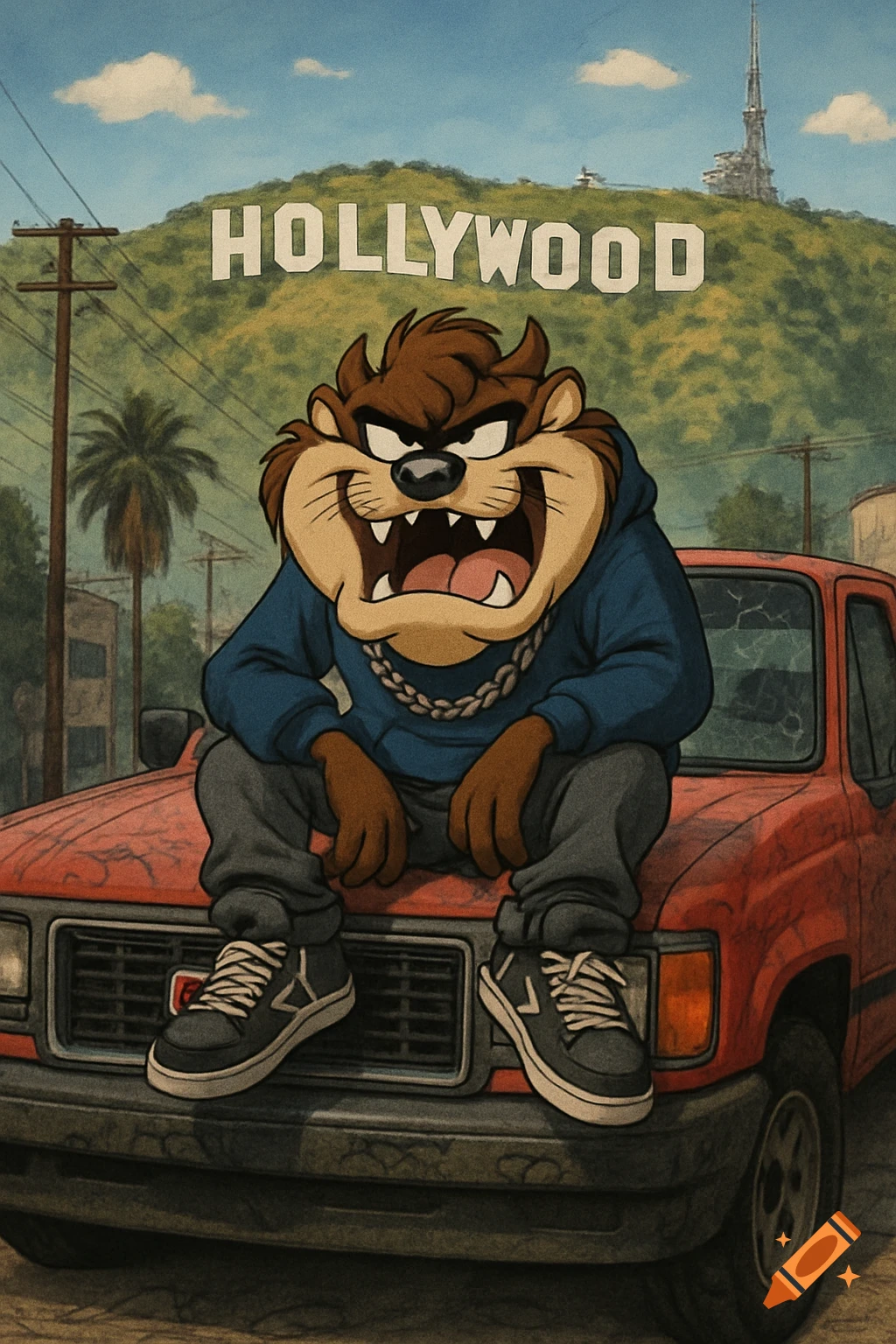 Cartoon of Taz from Looney Tunes sitting on a red pickup truck in front of the Hollywood sign