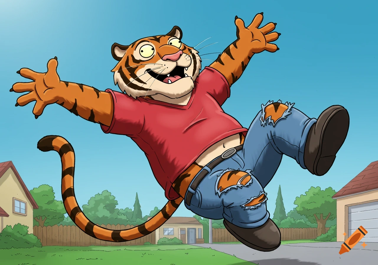 Cartoon tiger in a red shirt and torn jeans falling with arms wide in a suburban backyard.