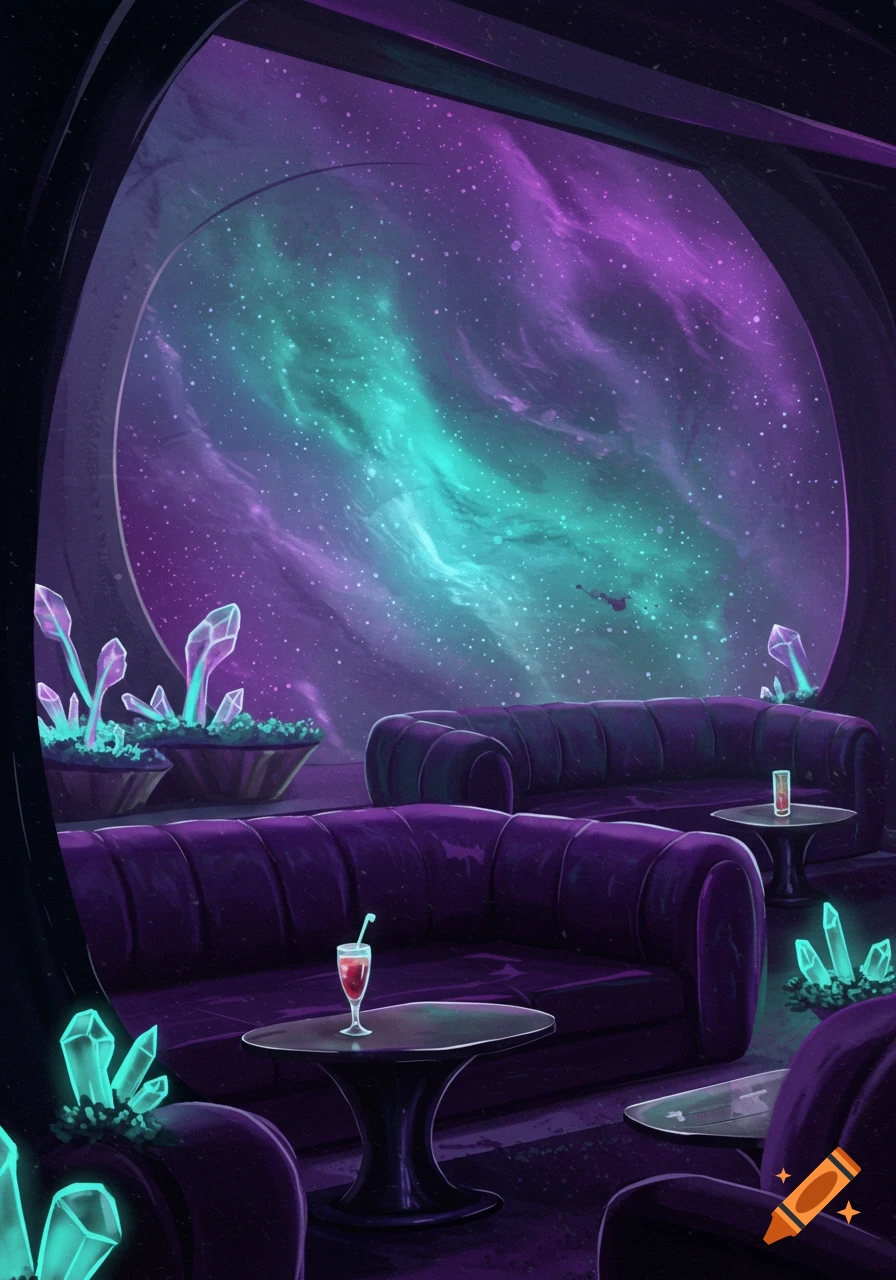 A futuristic lounge overlooks a purple and teal nebula through a large window.