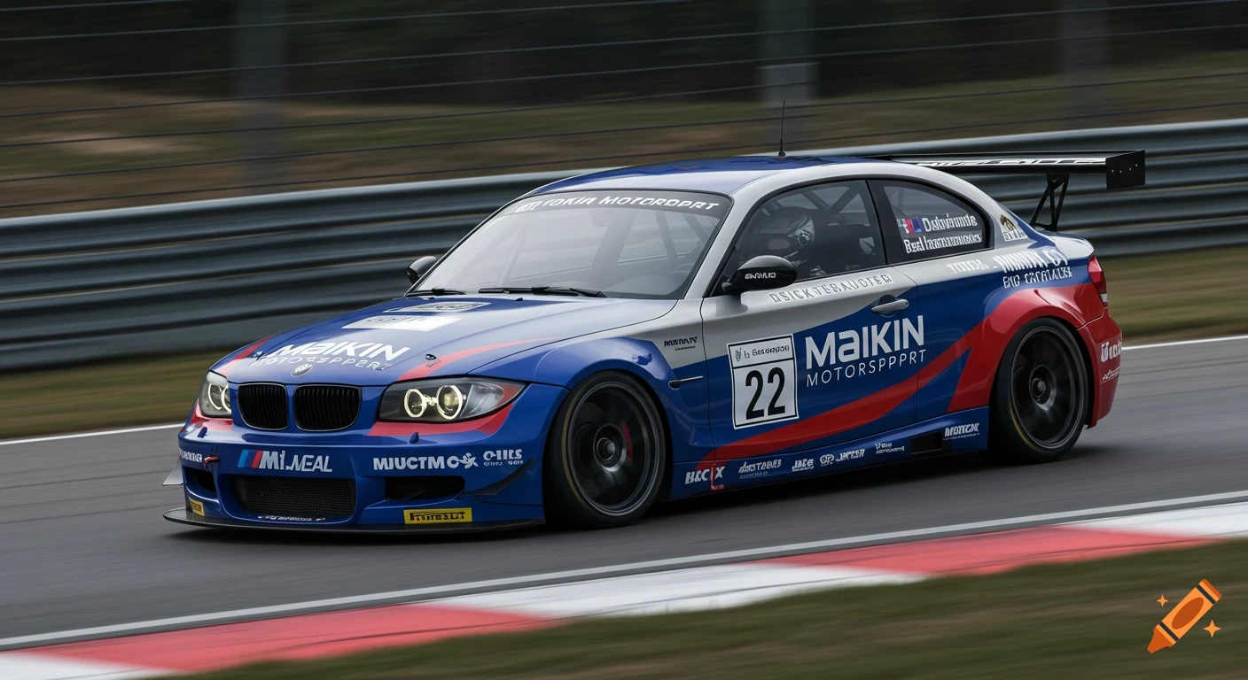 A blue and silver race car with the number 22 drives on a track.