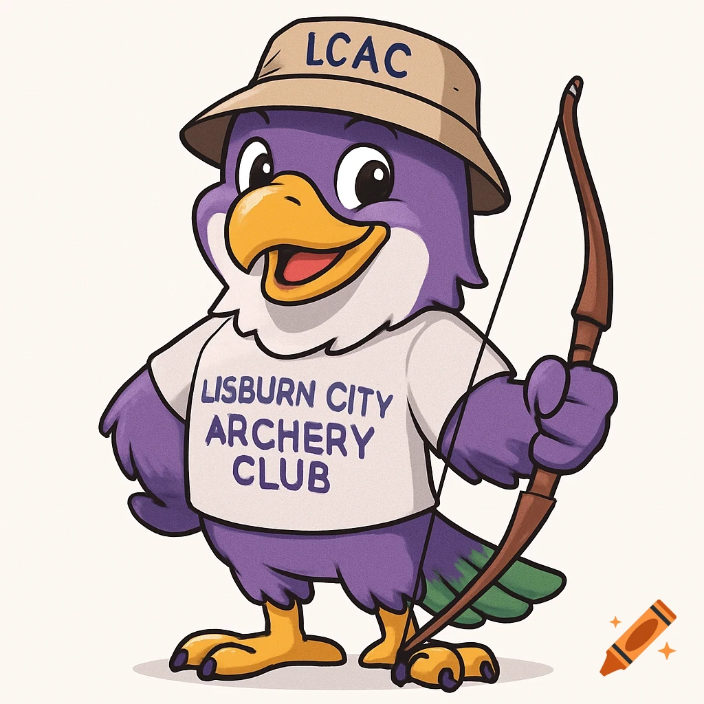 A purple and green eagle mascot wearing a hat and t-shirt, holding a bow in a cartoon style.