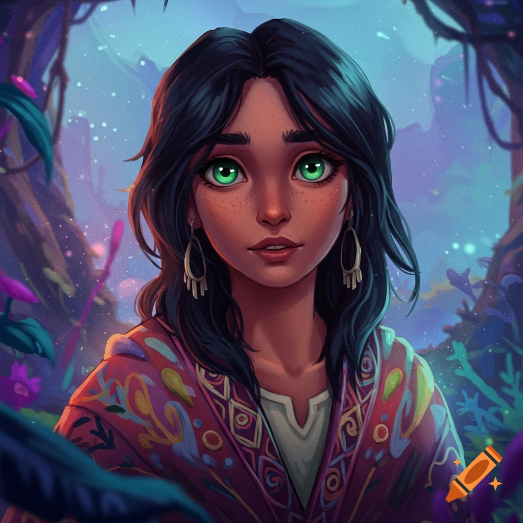 A young woman with green eyes wearing a patterned cloak in a mystical ...