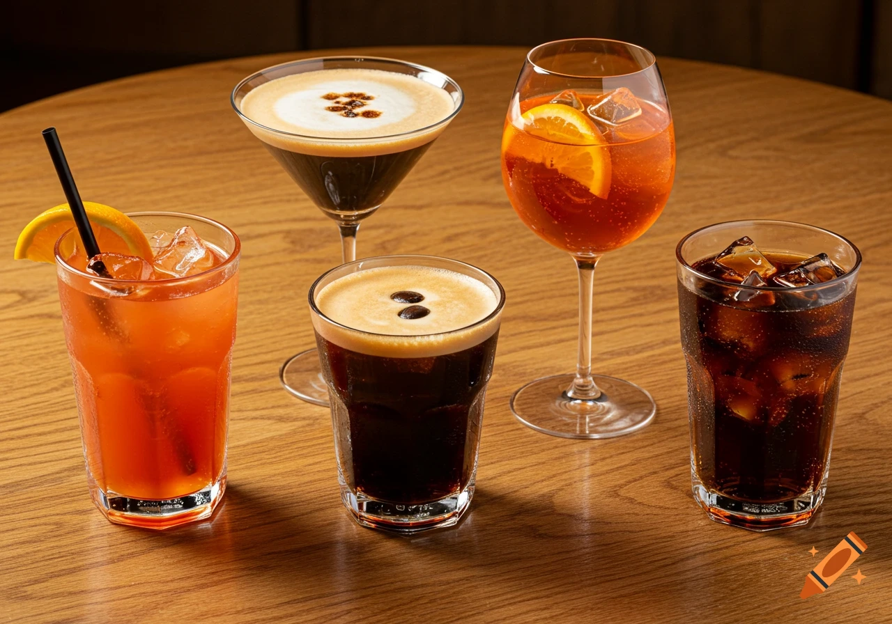 Four different cocktails on a wooden table, photorealistic style