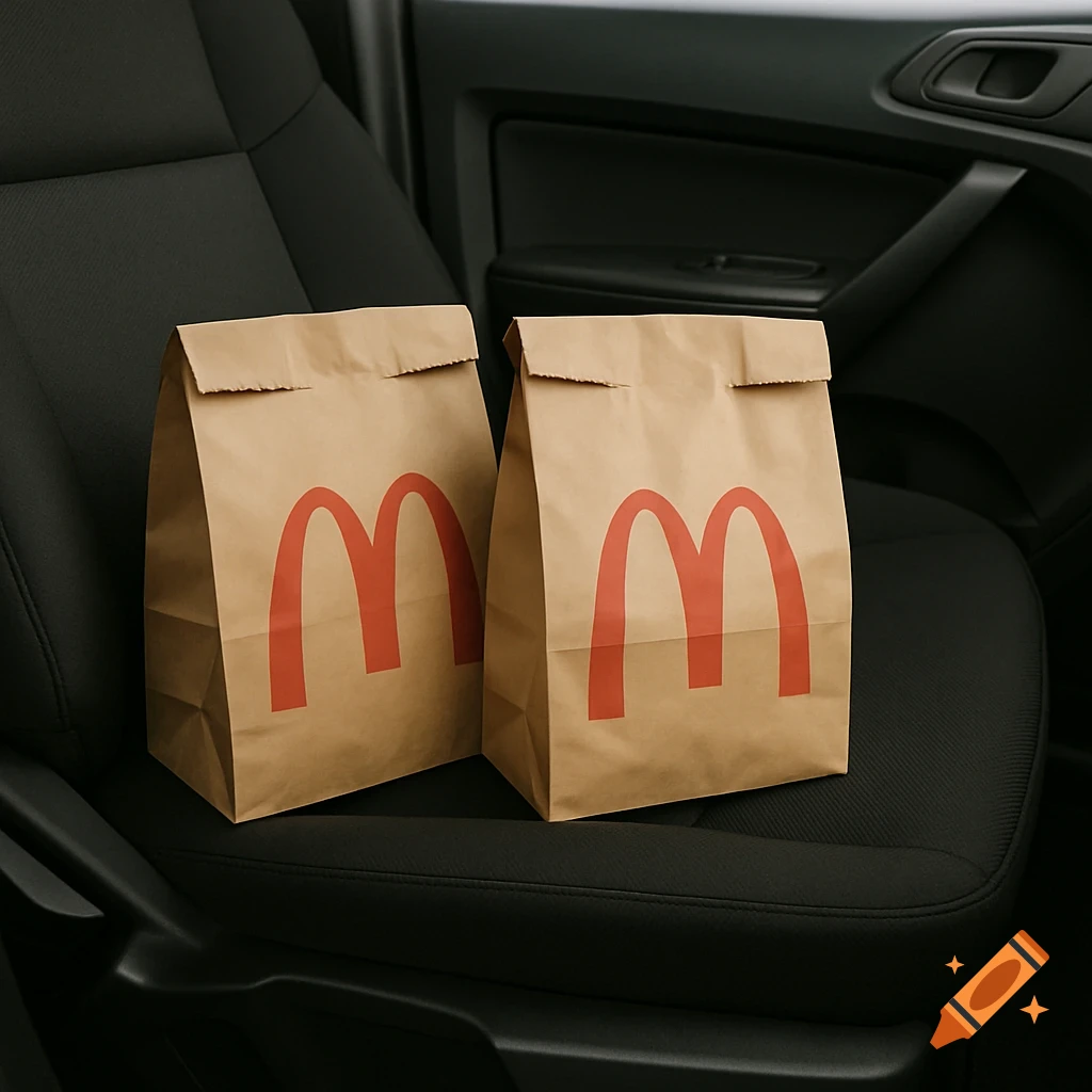 Two McDonald's bags sit on a black cloth car seat.
