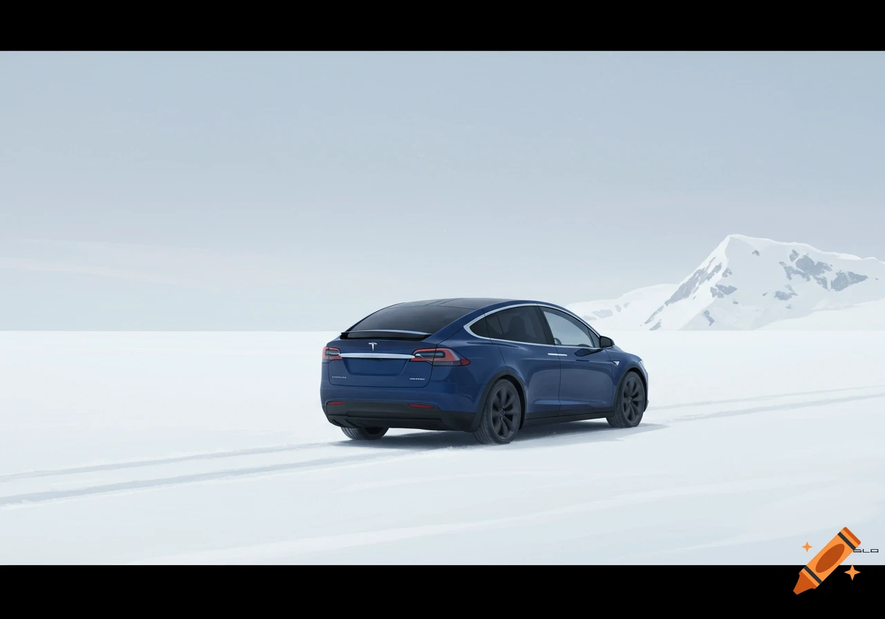 A blue Tesla Model X is parked in a vast, snow-covered plain with mountains in the distance.