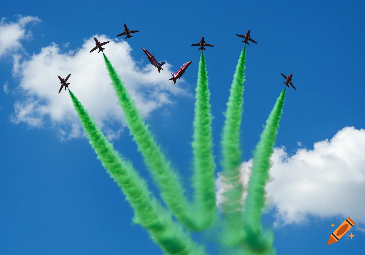 Red airplanes fly in formation, leaving green smoke trails in a blue sky with clouds.