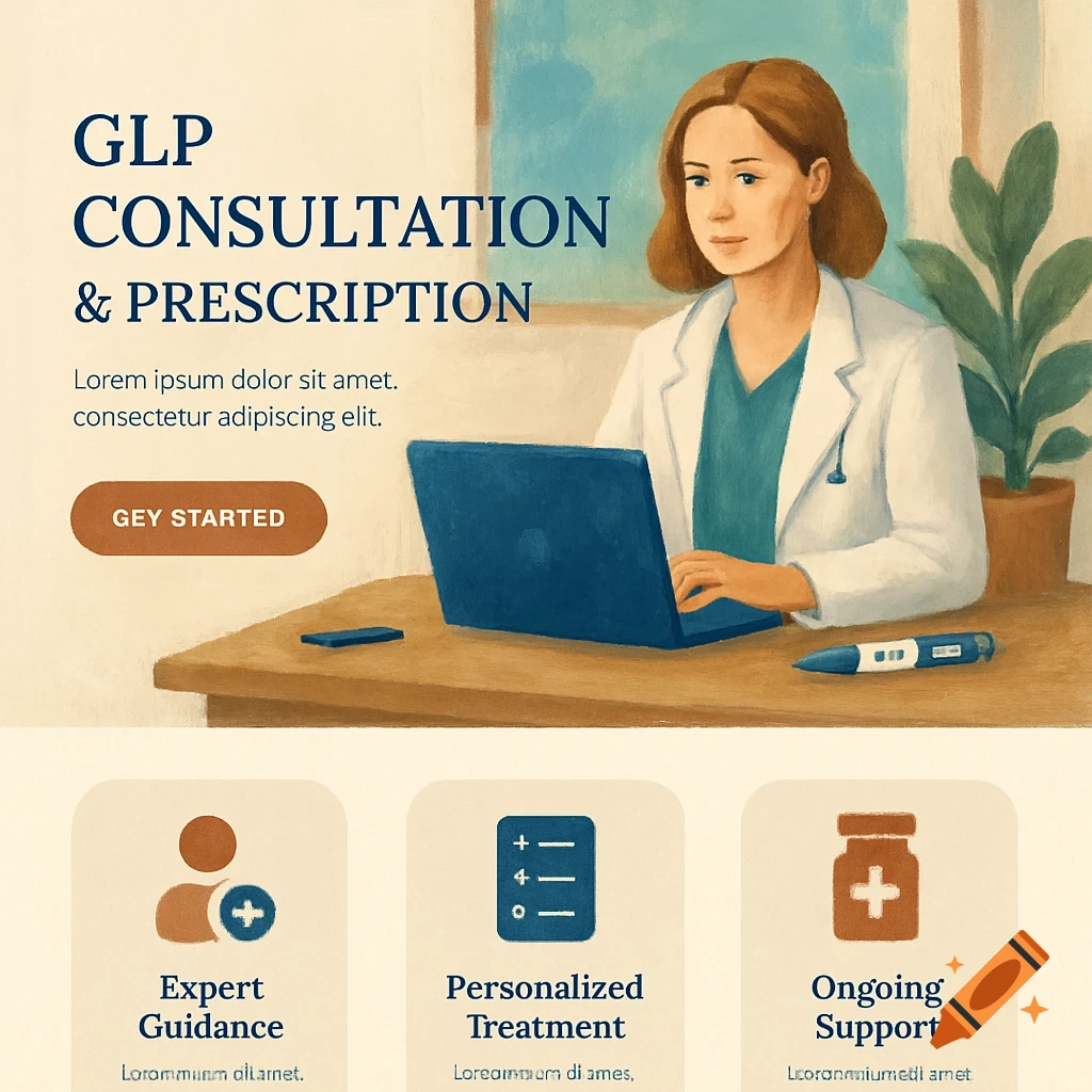 Illustration of a woman in a lab coat at a desk with a laptop, representing GLP consultation, with icons for services below.