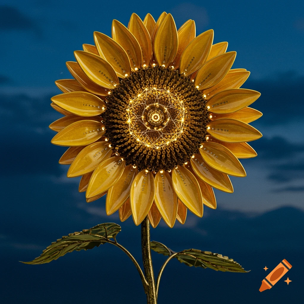 A detailed mechanical sunflower with glowing lights against a dark sky.