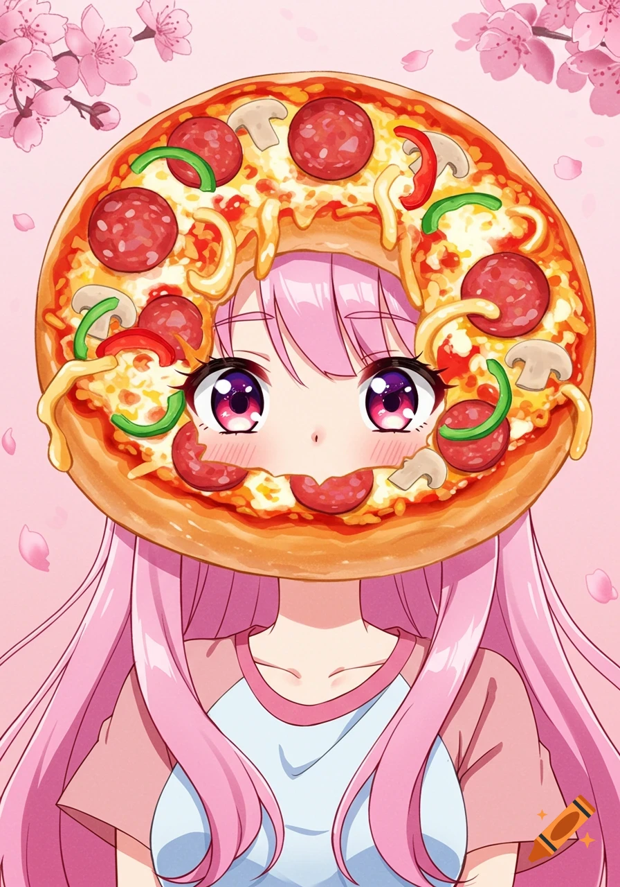 Anime girl with a pizza slice covering her face, anime style.