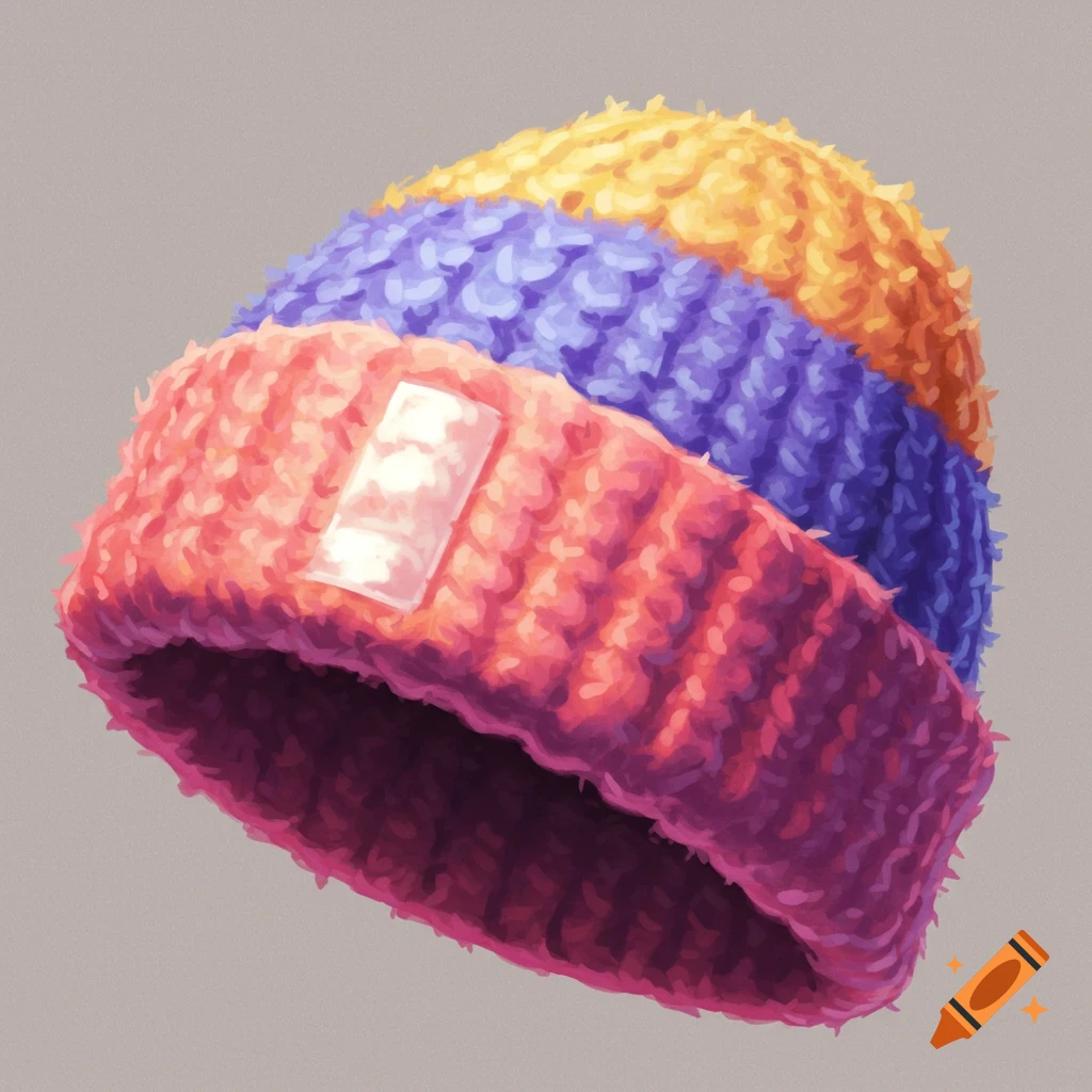 Close-up of a striped knit beanie hat with a patch.