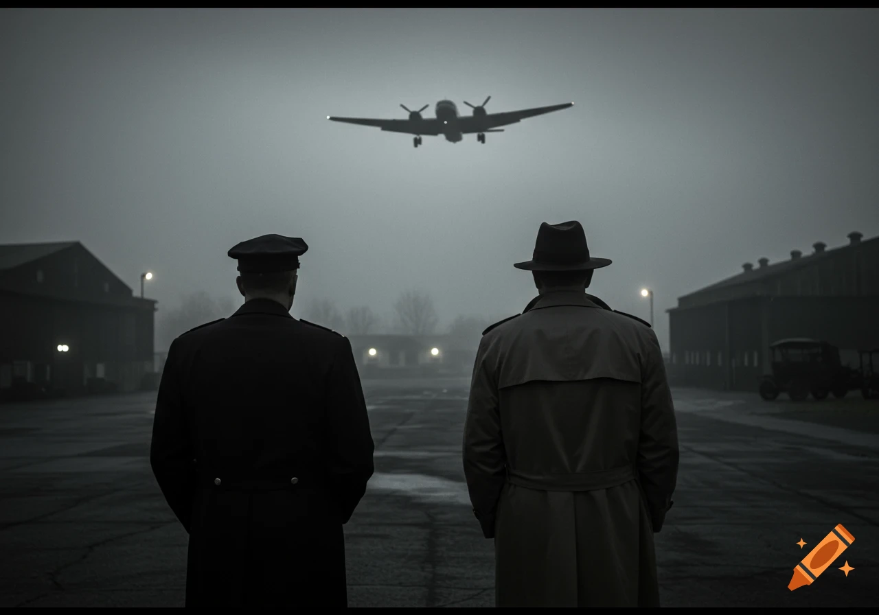 Two men in coats stand on an airfield looking at a plane in a foggy black and white film noir style.