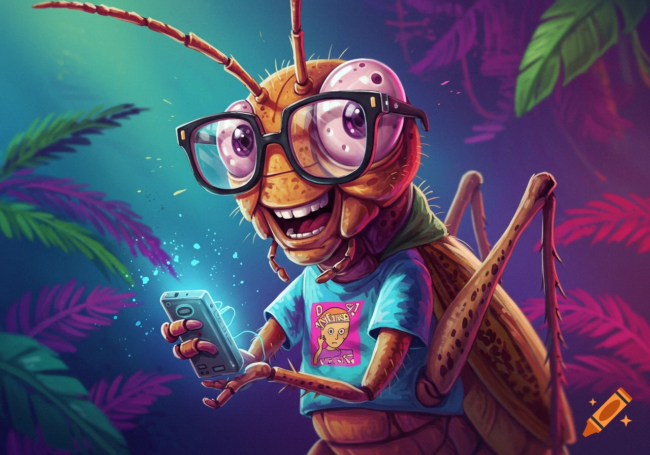 Cartoon grasshopper with glasses and a t-shirt holding a glowing smartphone in a colorful, vibrant setting.