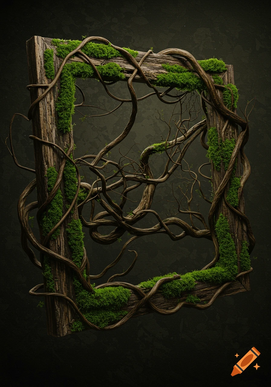 An ancient wooden frame covered in moss and twisting vines against a dark background.