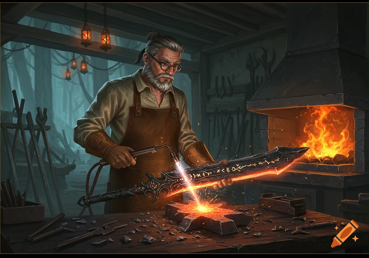 A craftsman works on a glowing mythical sword in a dark fantasy forge.