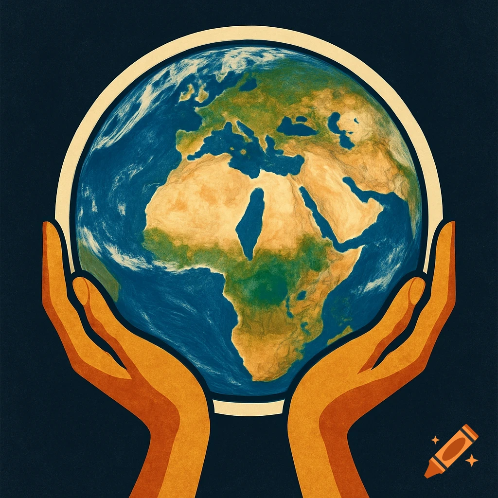 Stylized illustration of hands holding the planet Earth
