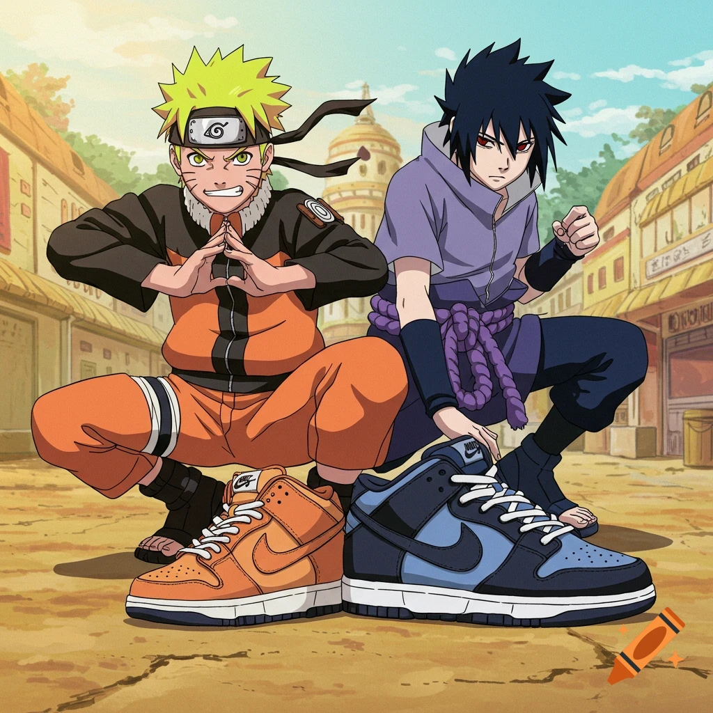 Anime characters Naruto and Sasuke squatting with large Nike SB Dunk sneakers matching their outfits