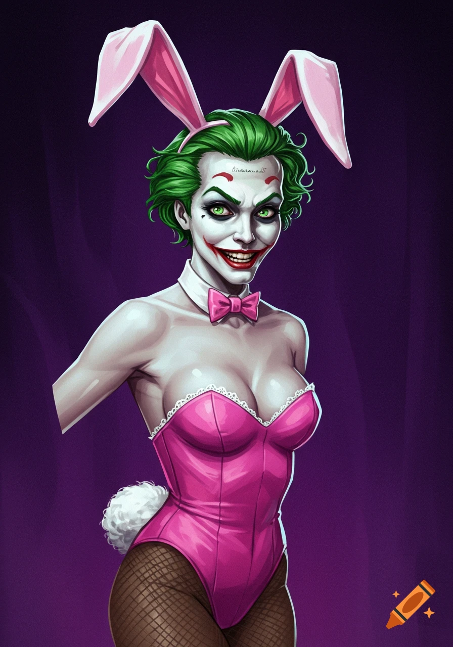 Illustration of The Joker wearing a pink bunny girl outfit with bunny ears and tail.