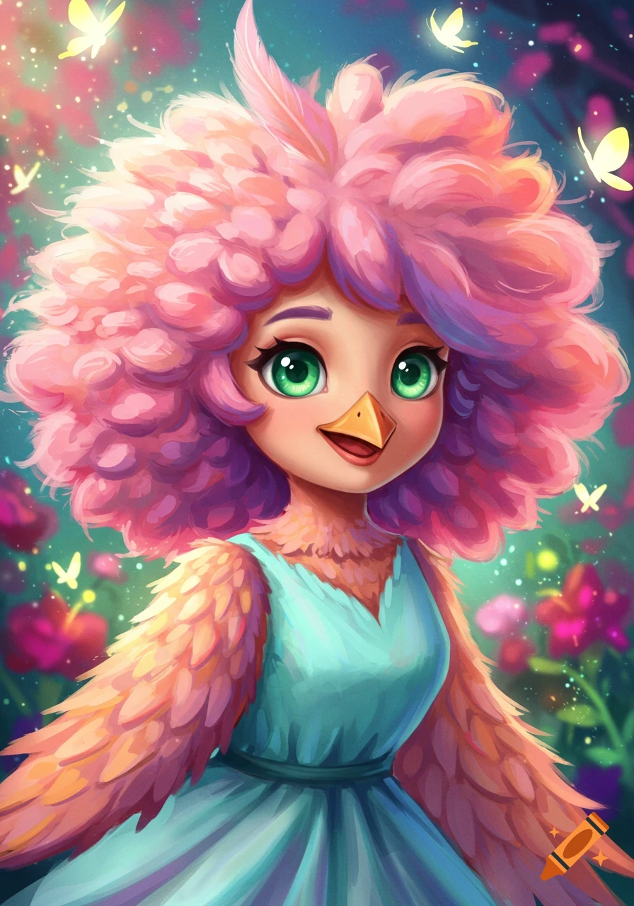 Cute cartoon bird-like girl with pink feathered hair in a magical garden with butterflies.
