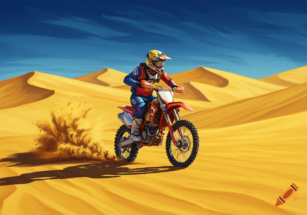 Dirtbiker riding through sand dunes in a stylized illustration.