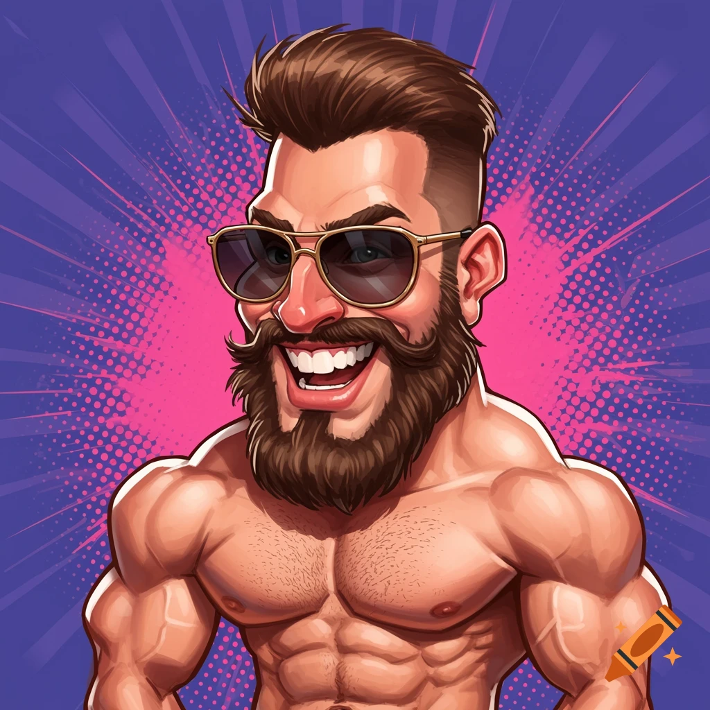Caricature of a muscular man with beard, mustache, sunglasses, smiling against pop art background.