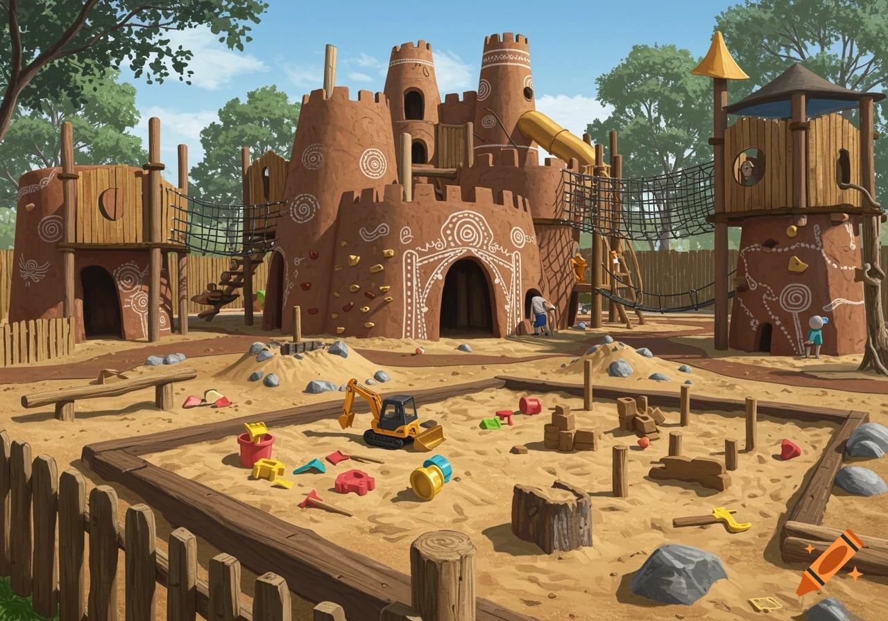 Detailed illustration of a creative children's playground with a castle-like structure, sandpit, toys, and climbing areas.