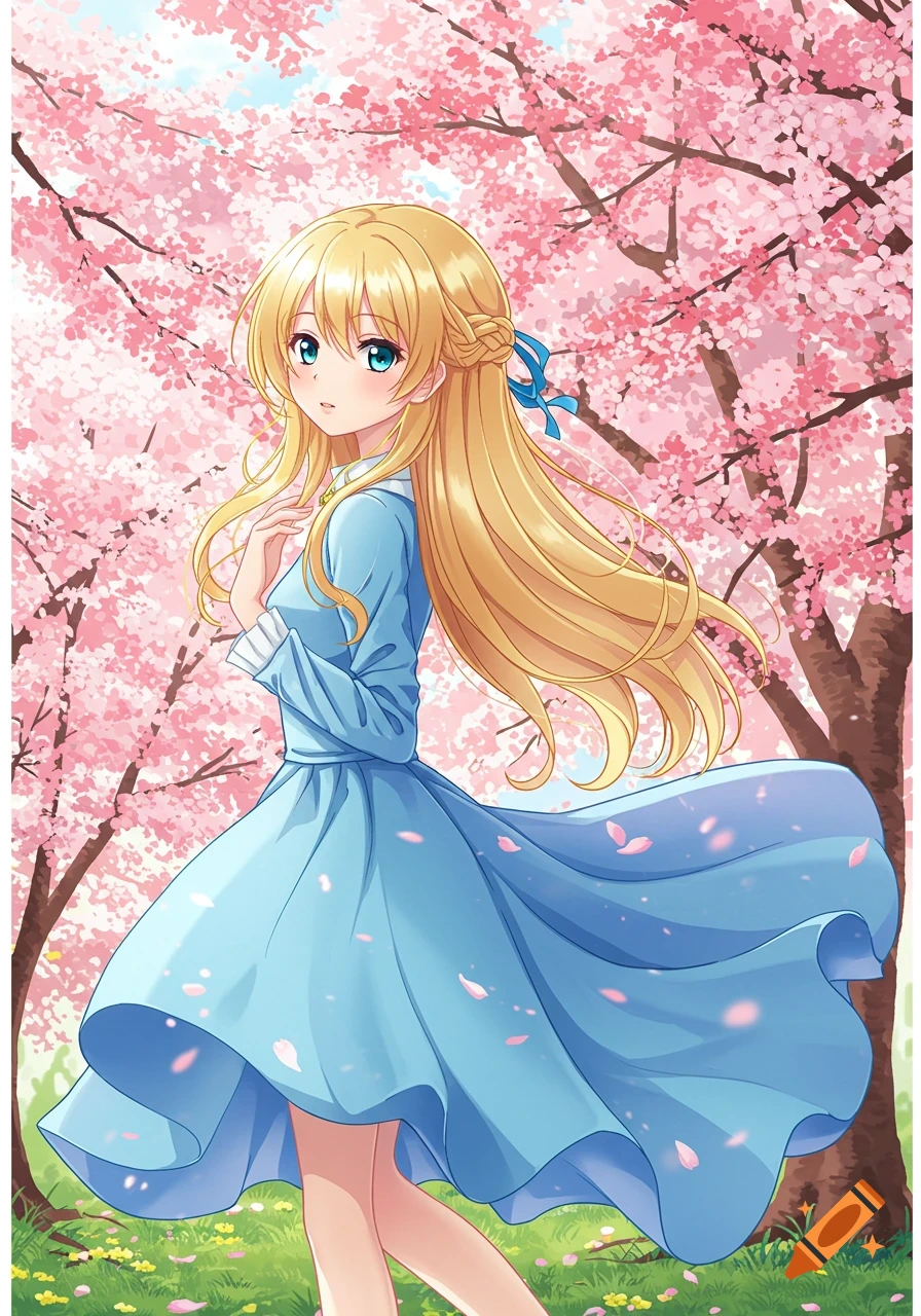 An anime girl with blonde hair and a blue dress stands among pink cherry blossoms.