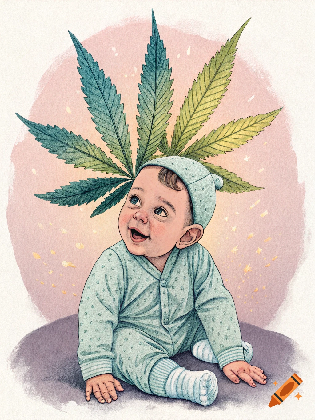 Watercolor illustration of a baby sitting with a large cannabis leaf behind its head.