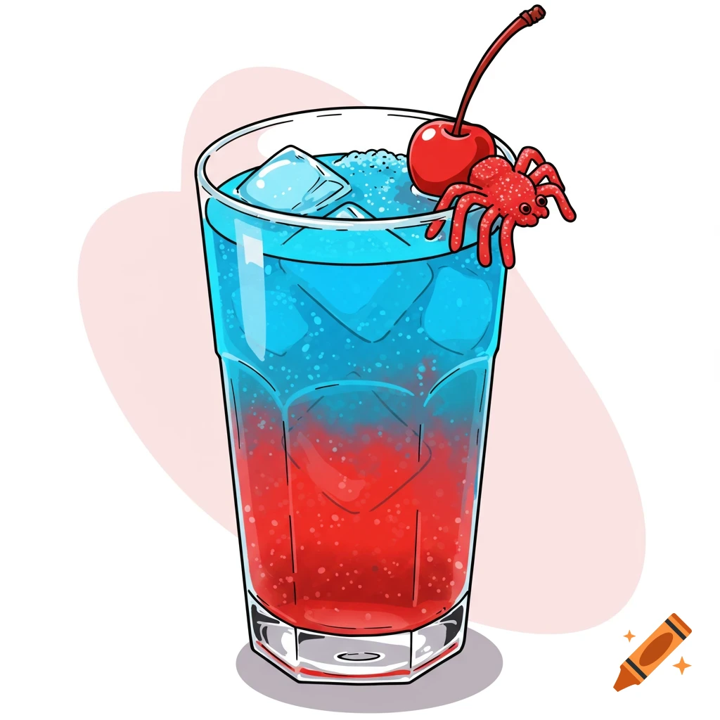 A graphic illustration of a tall glass with a blue and red layered drink, ice cubes, a cherry, and a red toy spider.