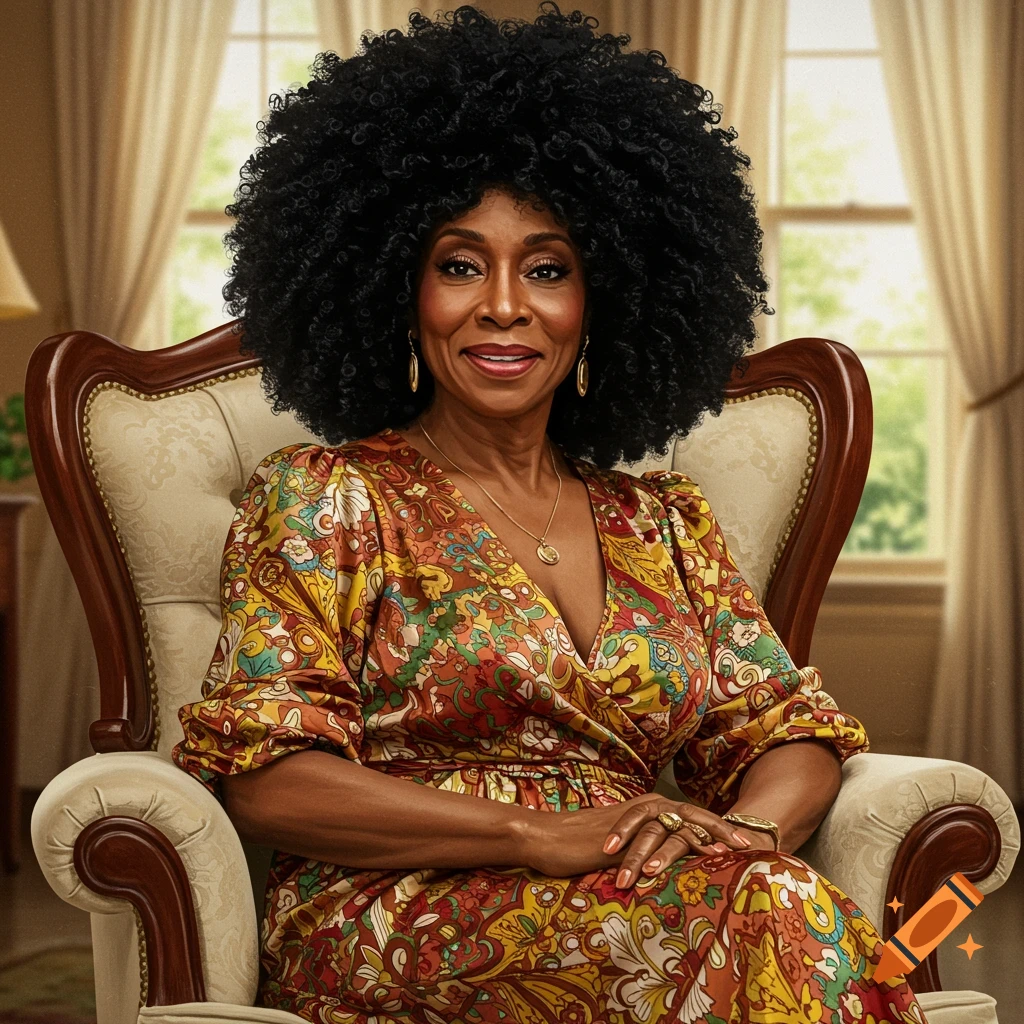 A portrait of an older Black woman with a large afro hairstyle, wearing a colorful patterned dress, sitting in an armchair.