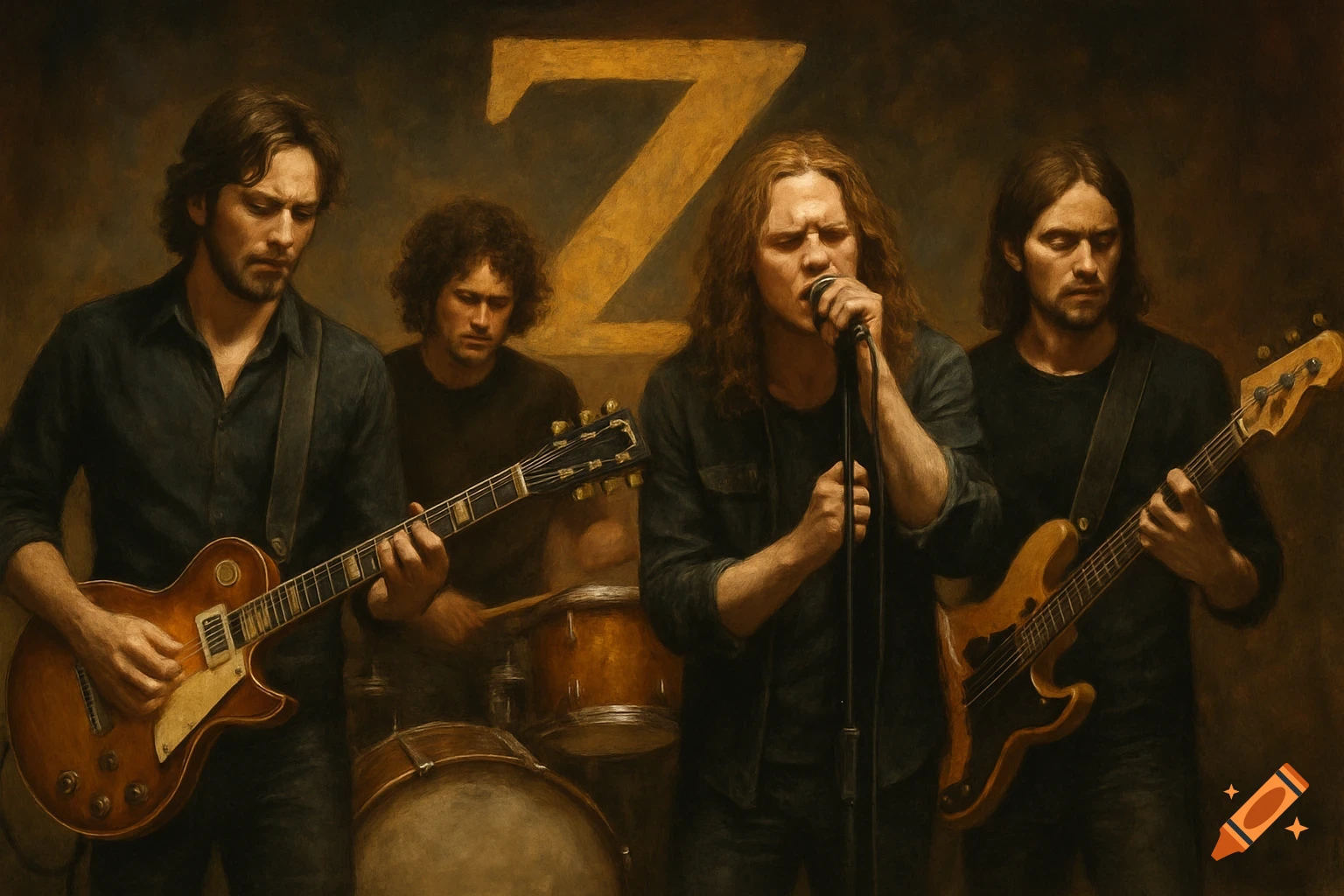 A band of four men playing instruments in a painterly style, with a large gold 'Z' symbol behind them.
