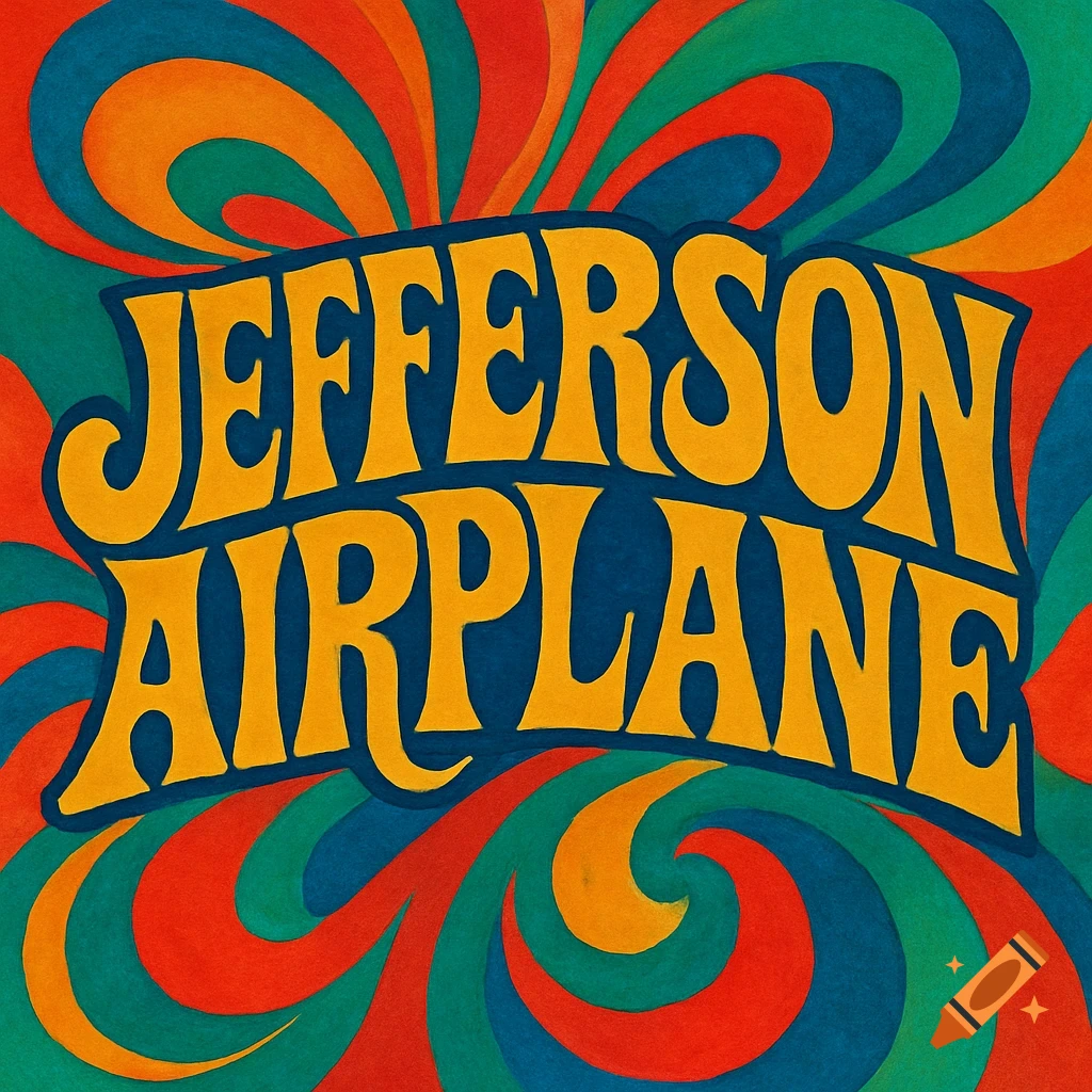 Graphic design with 'JEFFERSON AIRPLANE' text in a psychedelic style with swirling colorful background