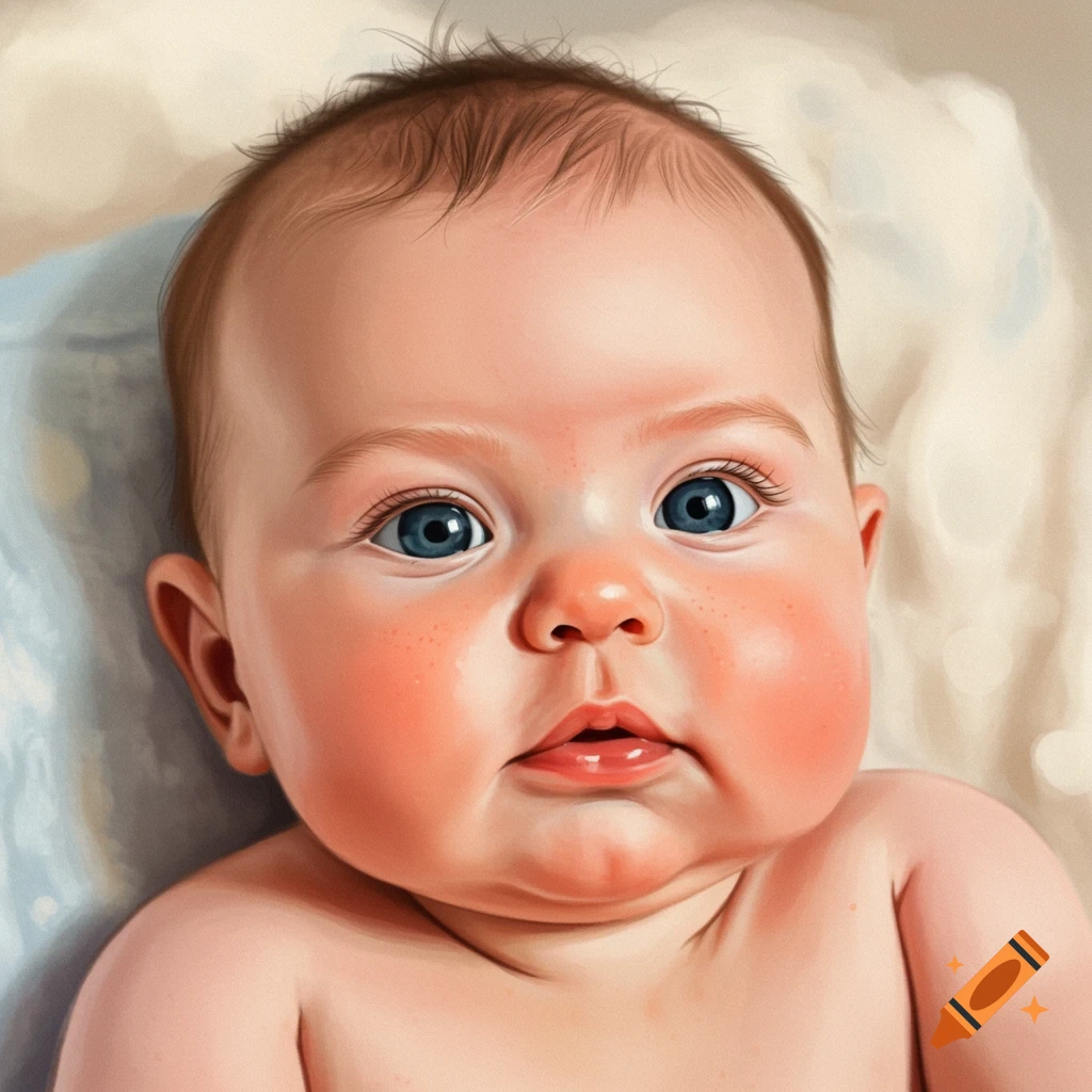 Close-up portrait of a baby with big blue eyes.