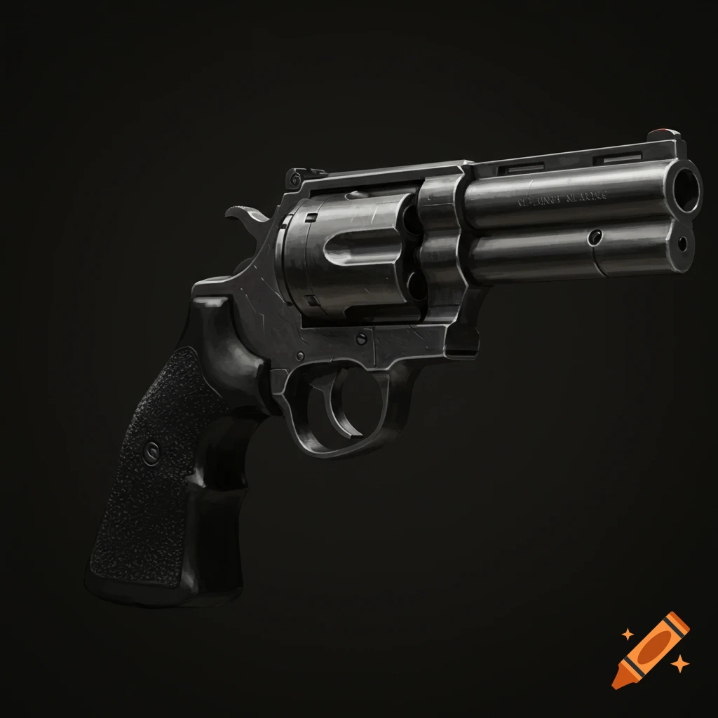 A close-up of a black revolver on a dark background.