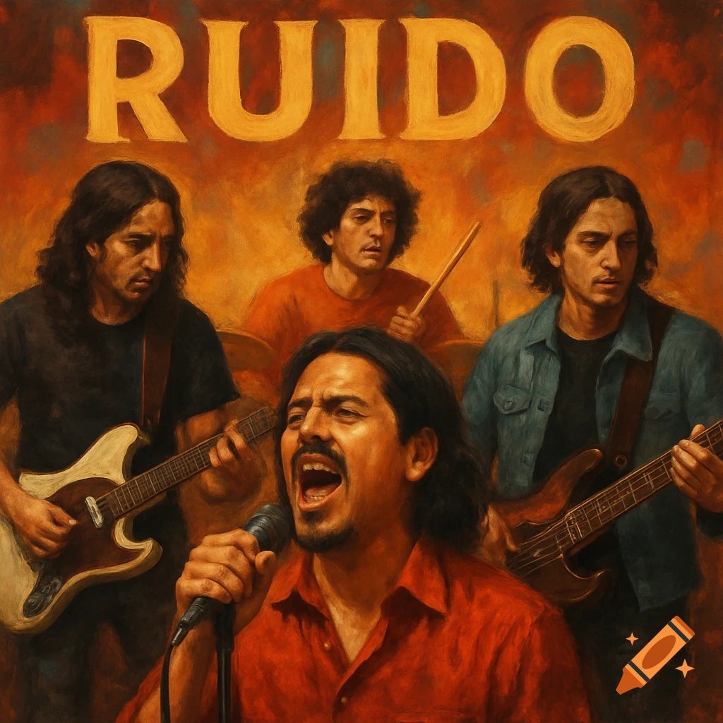 Painting of a latin rock band playing instruments and singing.