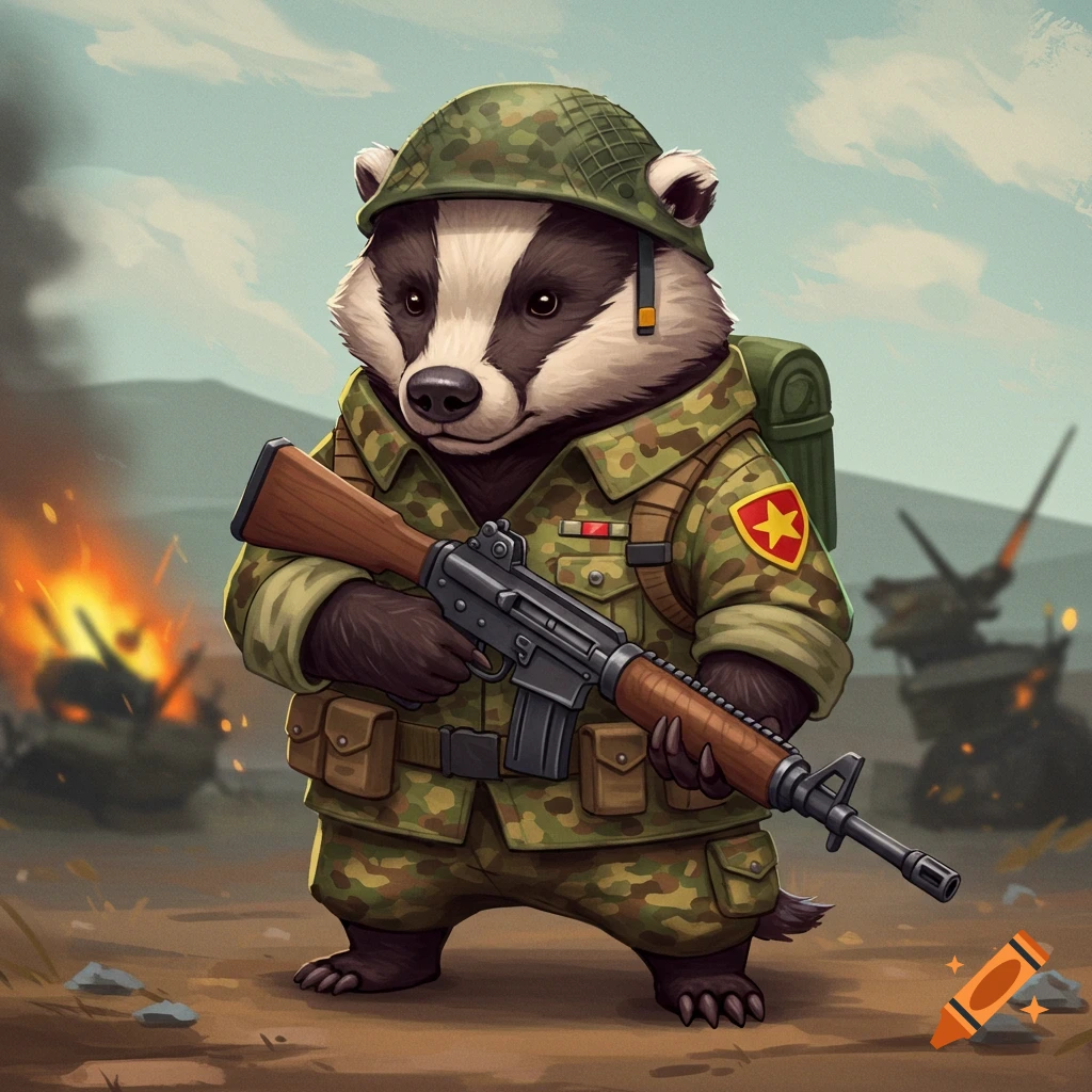 Cartoon badger in military uniform holding a rifle on a battlefield.