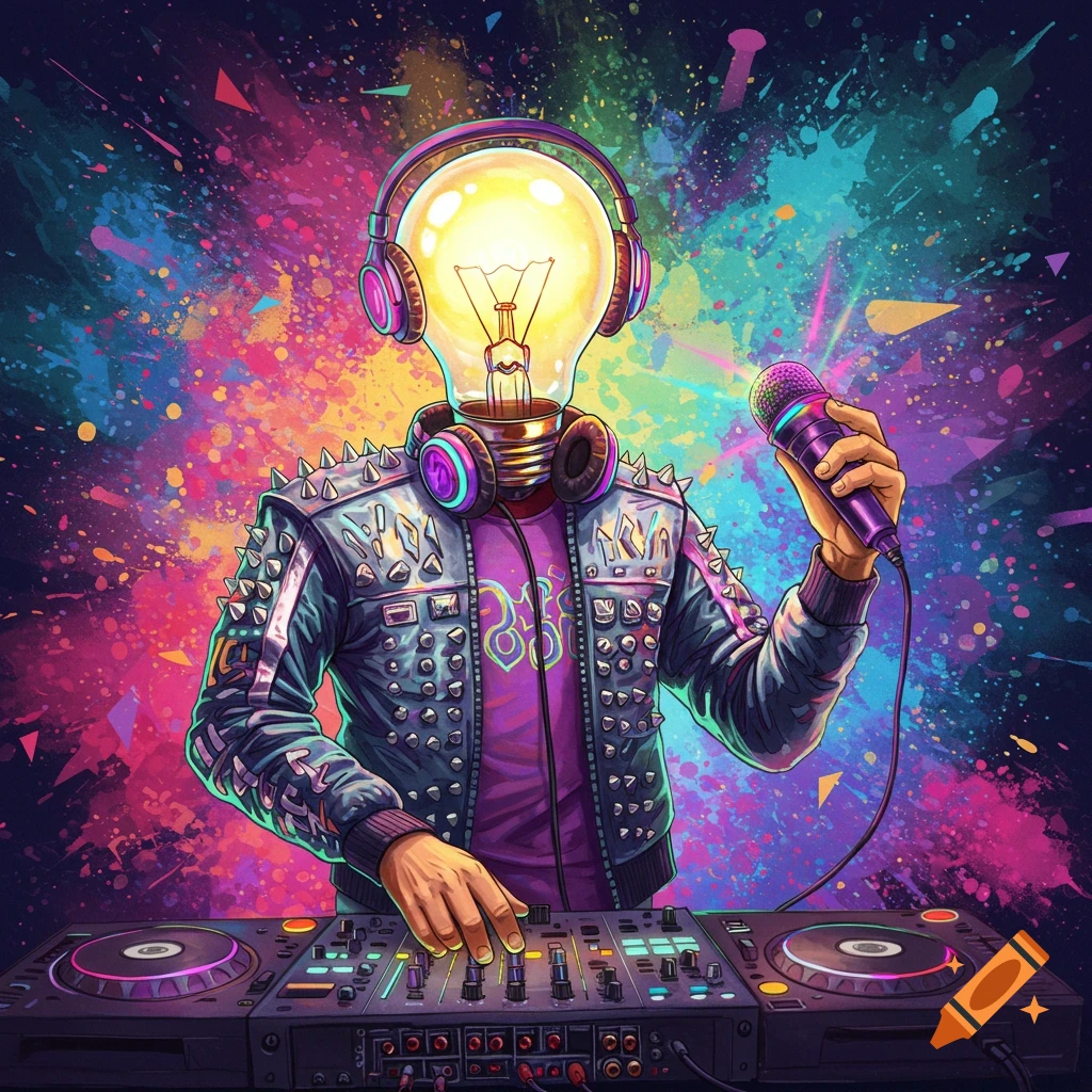 Lightbulb-headed DJ with headphones and studded jacket mixing music on turntables, holding a microphone, against a vibrant splatter background in a pop art style.