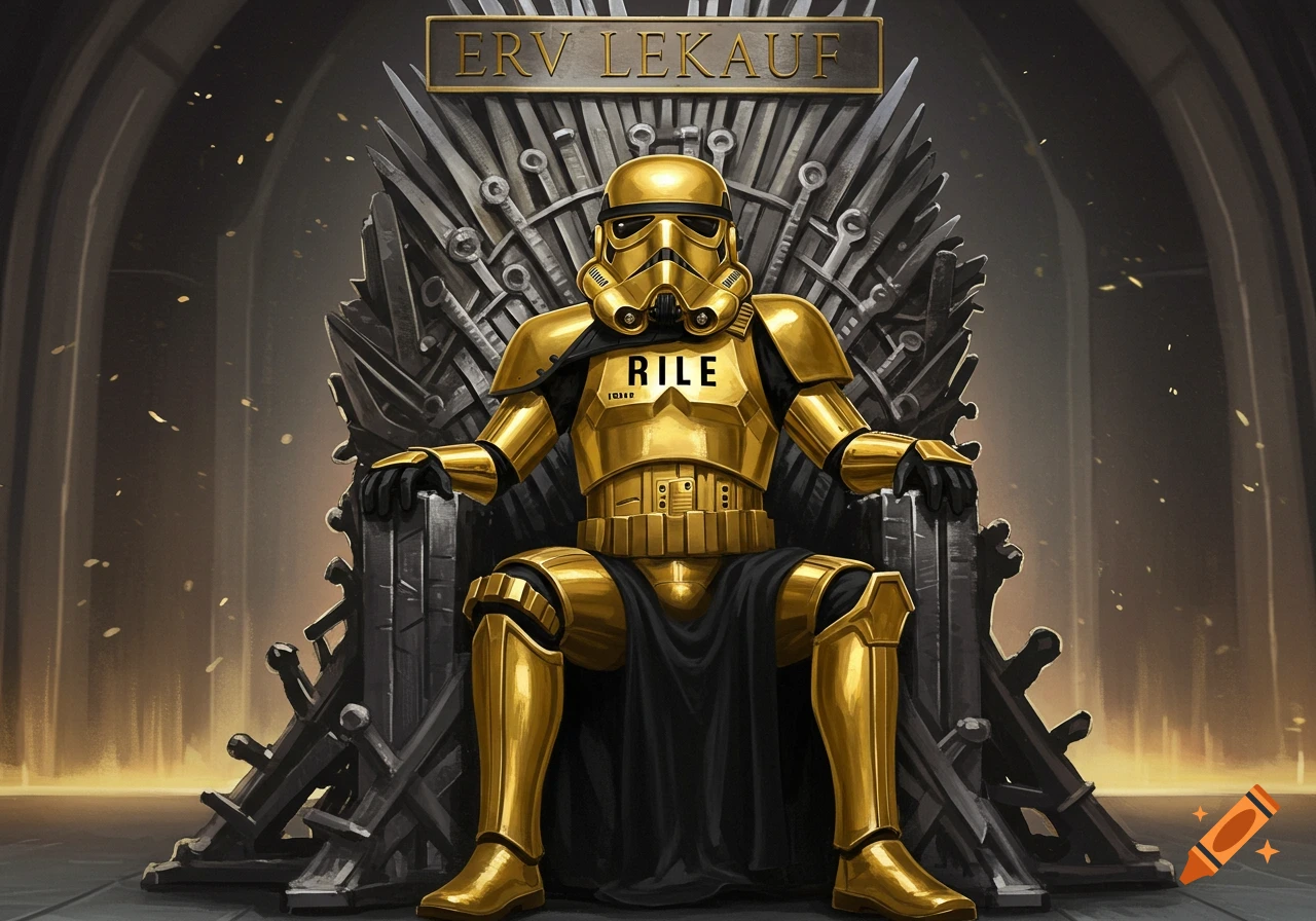 A golden stormtrooper sits on a steel throne made of swords, with the text "RILE" on its chest and "ERV LEKAUF" above.