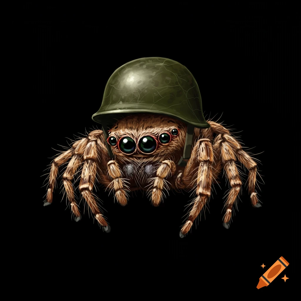 Cute illustration of a jumping spider wearing an army helmet on a black background.