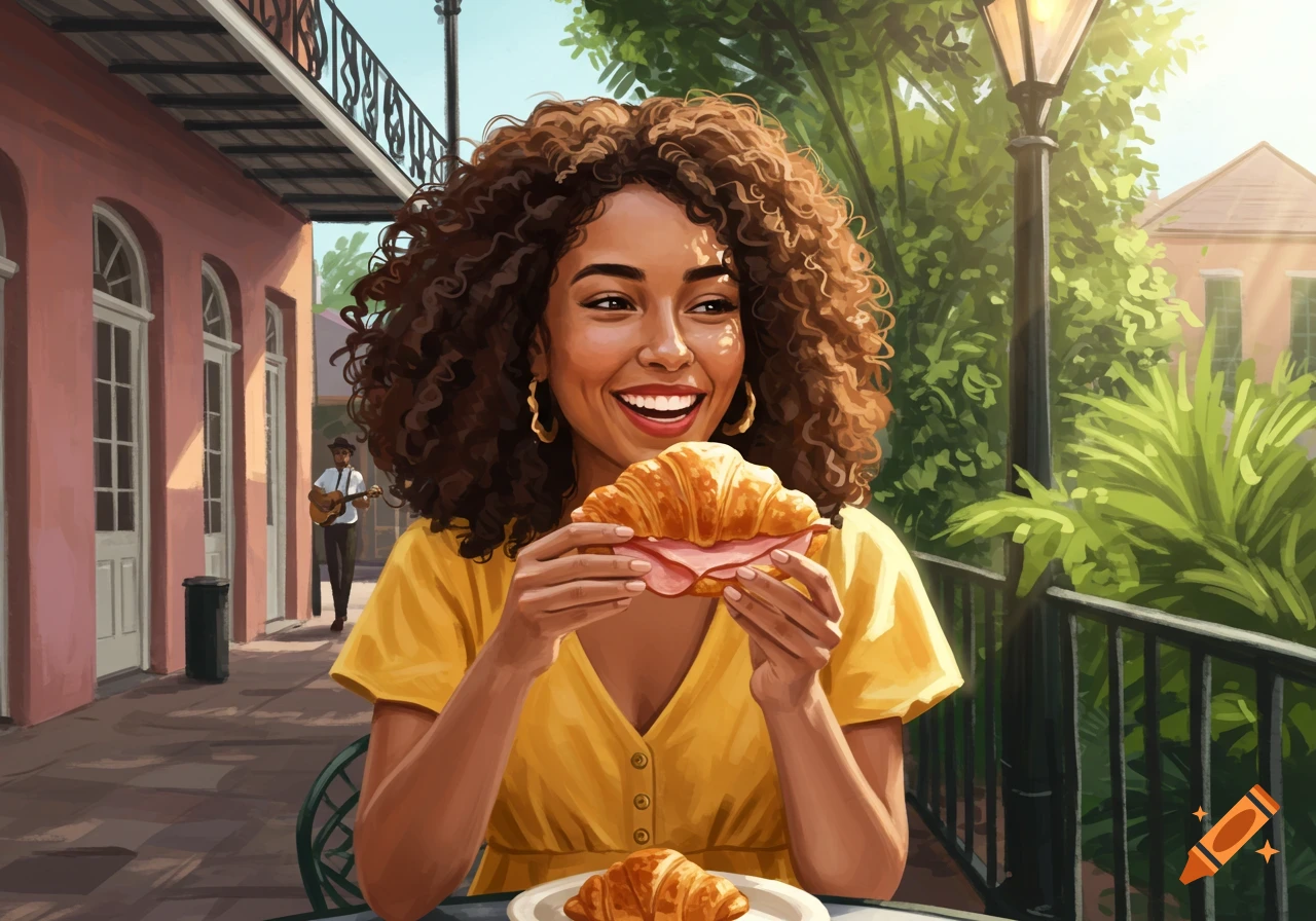 Illustration of a woman eating a ham croissant sandwich at an outdoor cafe in New Orleans with a musician in the background
