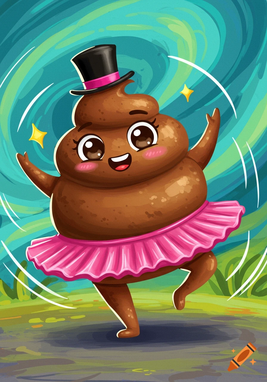 Cartoon poop character in a hat and pink tutu dancing