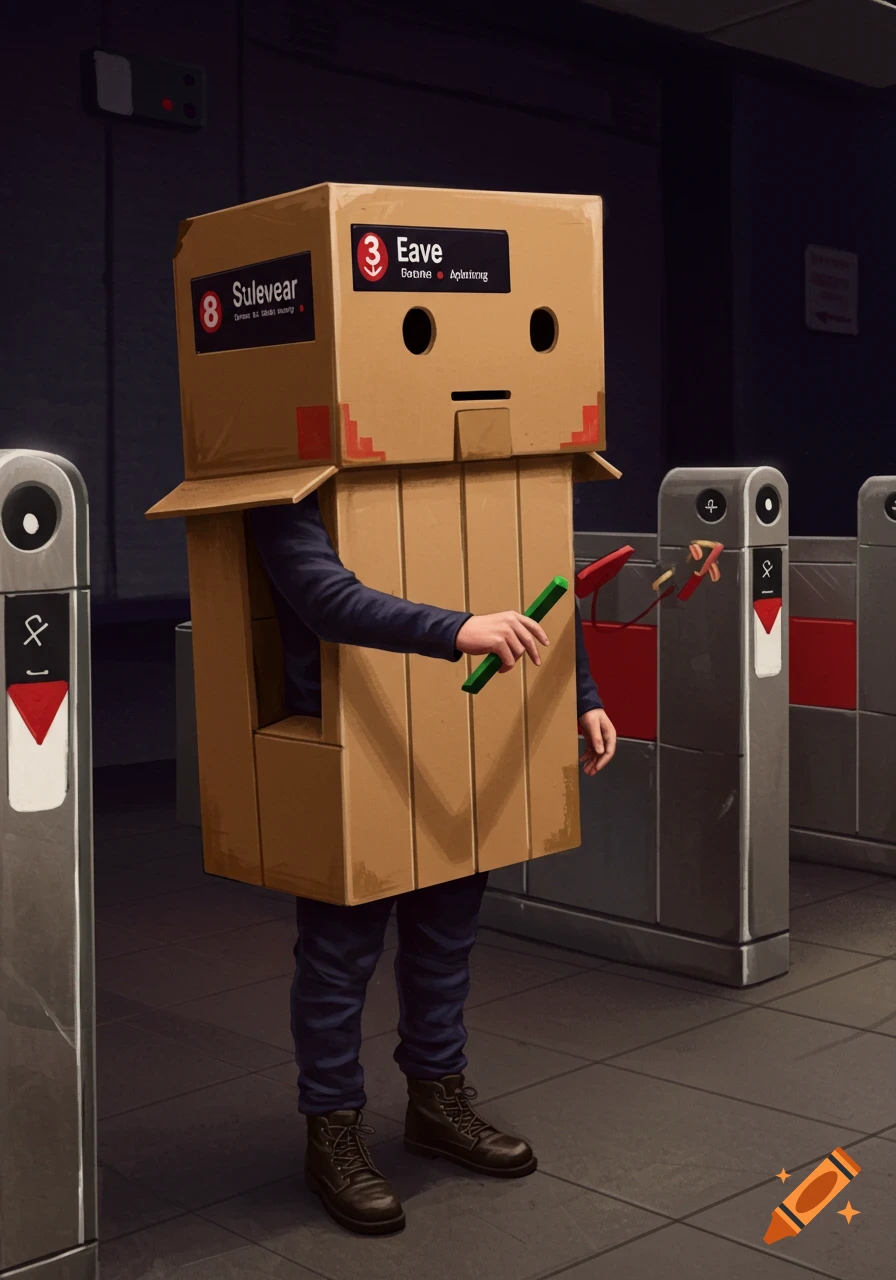 Person in a box costume resembling a subway fare gate stands at a subway station gate.