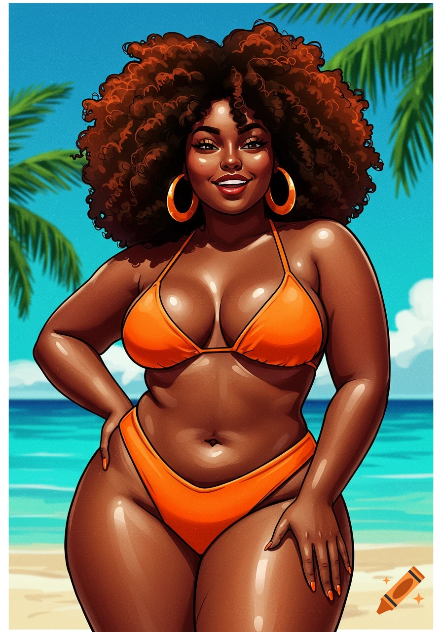 Illustrative portrait of a curvy dark-skinned woman with large curly hair in an orange bikini on a beach.