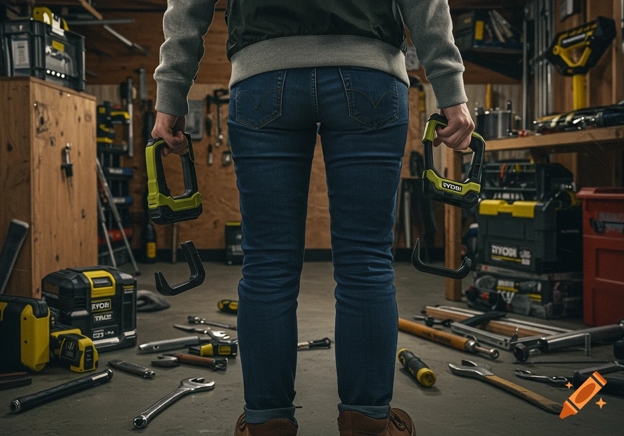 Person standing in a cluttered garage holding tool hooks