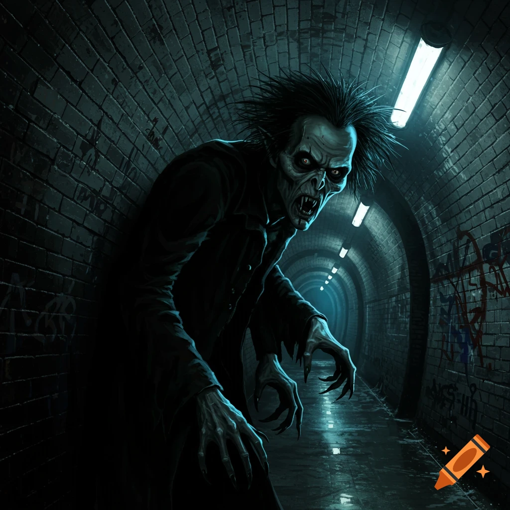 A monstrous vampire with wild hair and claws lunges from the shadows in a dark, graffiti-covered underground tunnel.