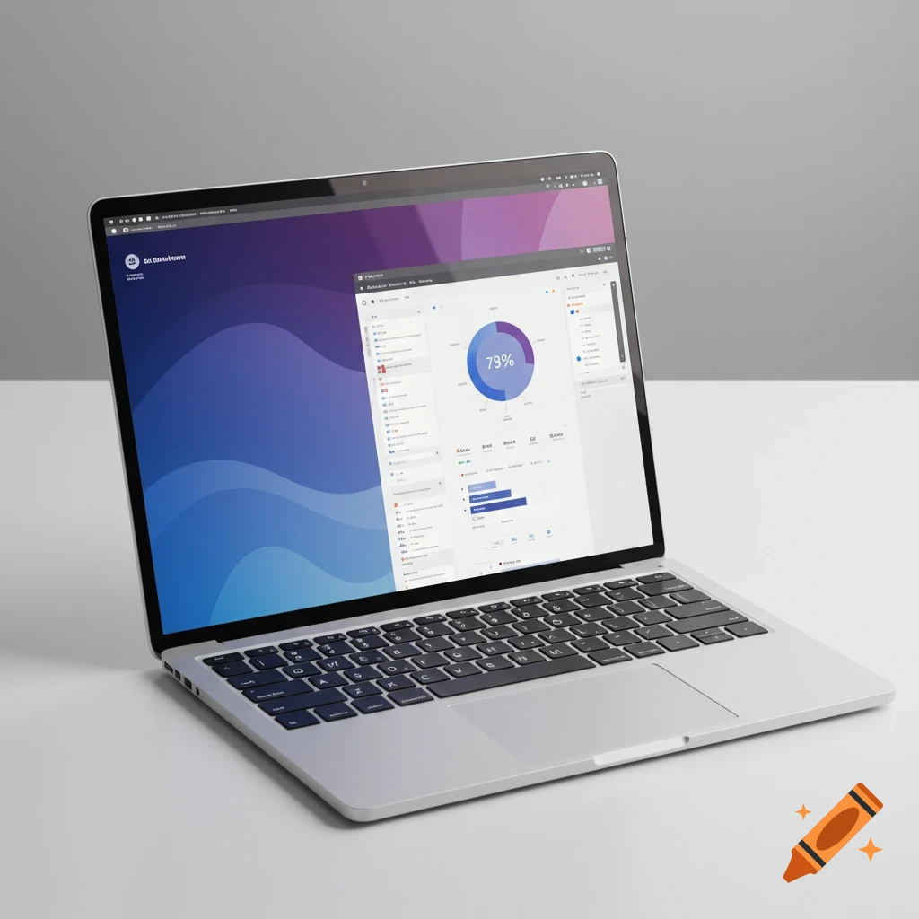 A silver laptop displaying a software interface with charts and data on a white surface.