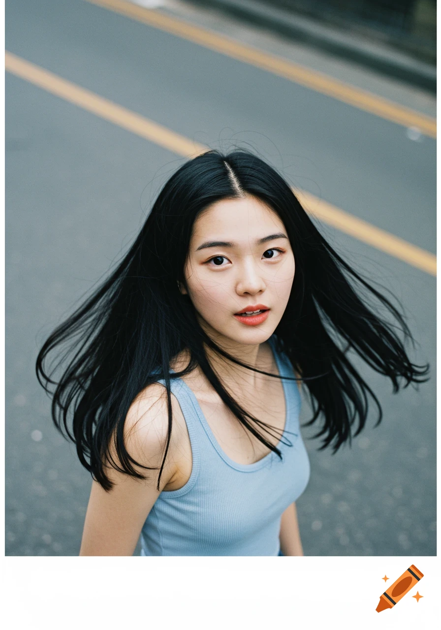 A high-angle portrait of a young woman with long black hair blowing in the wind, wearing a blue tank top on a street.