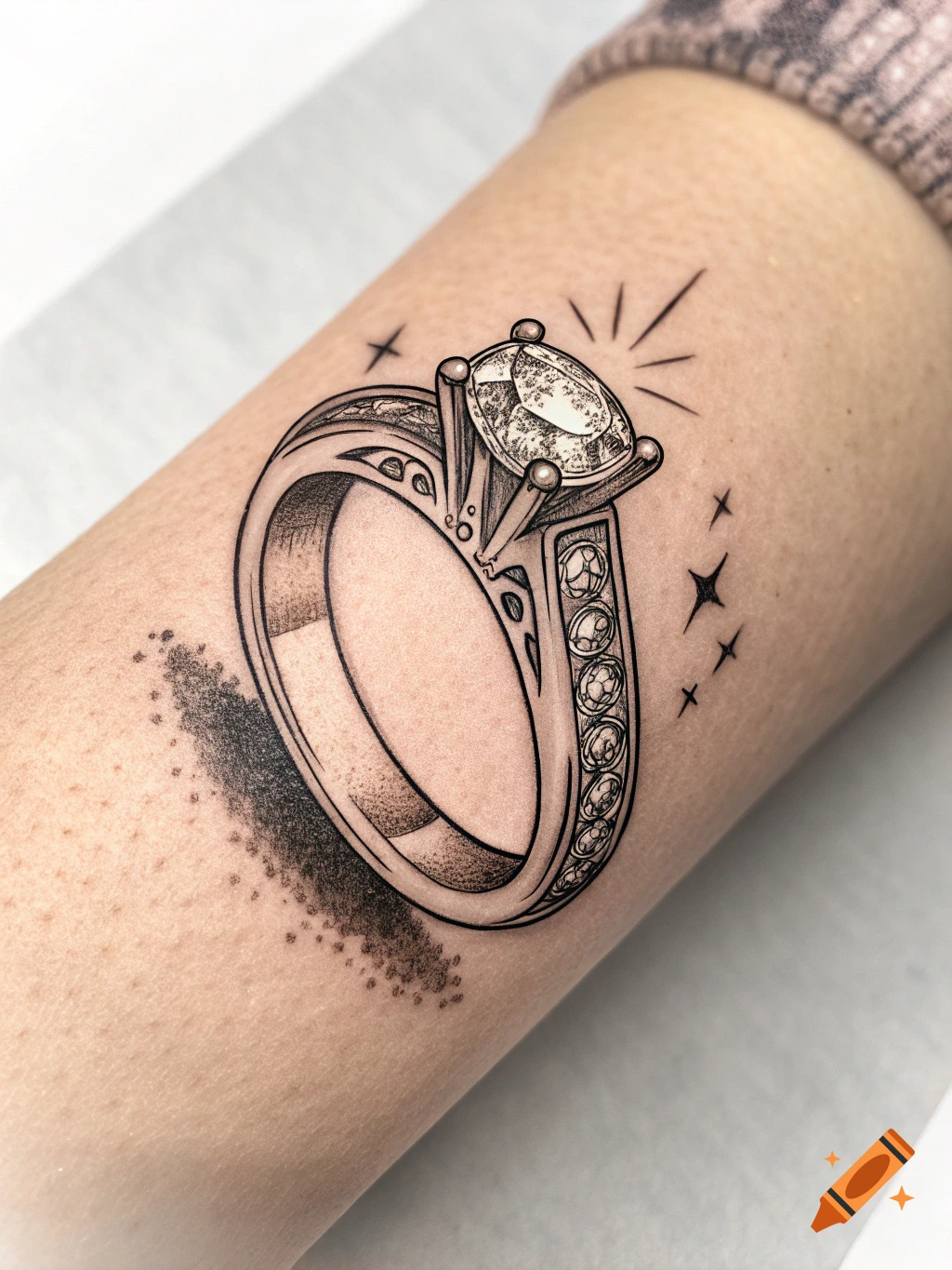 Tattoo of a diamond ring on an arm, in a line art and dot shading style.