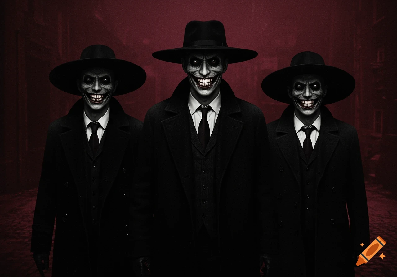 Three creepy figures in black coats and hats with wide grins against a dark red background.