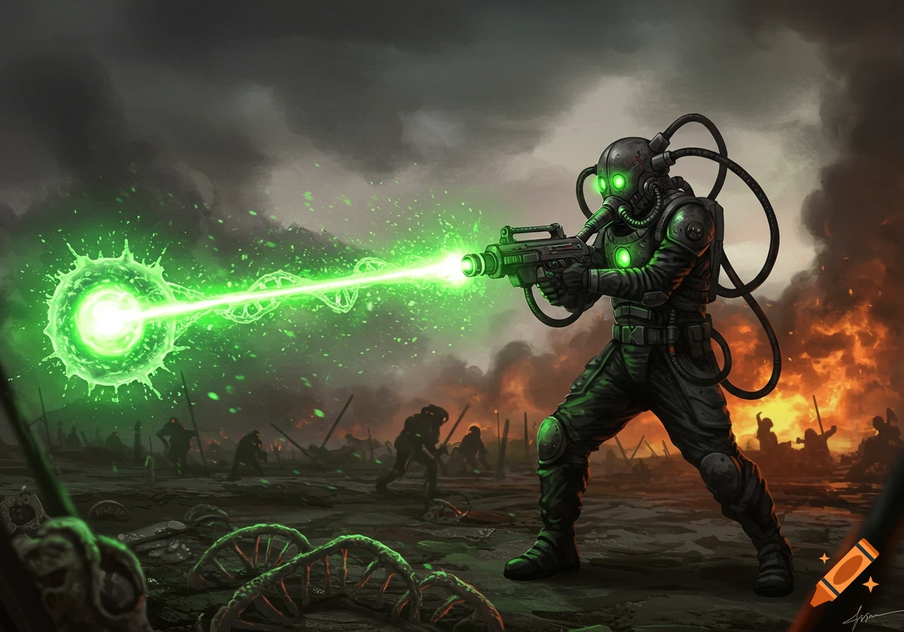 Sci-fi soldier in gas mask suit shoots DNA energy beam on a battlefield.